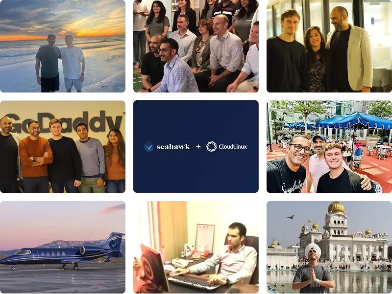 The Seahawk team: founders Ryan James and Gautam Khorana, the crew at GoDaddy, the CloudLinux partnership, and the team in India.